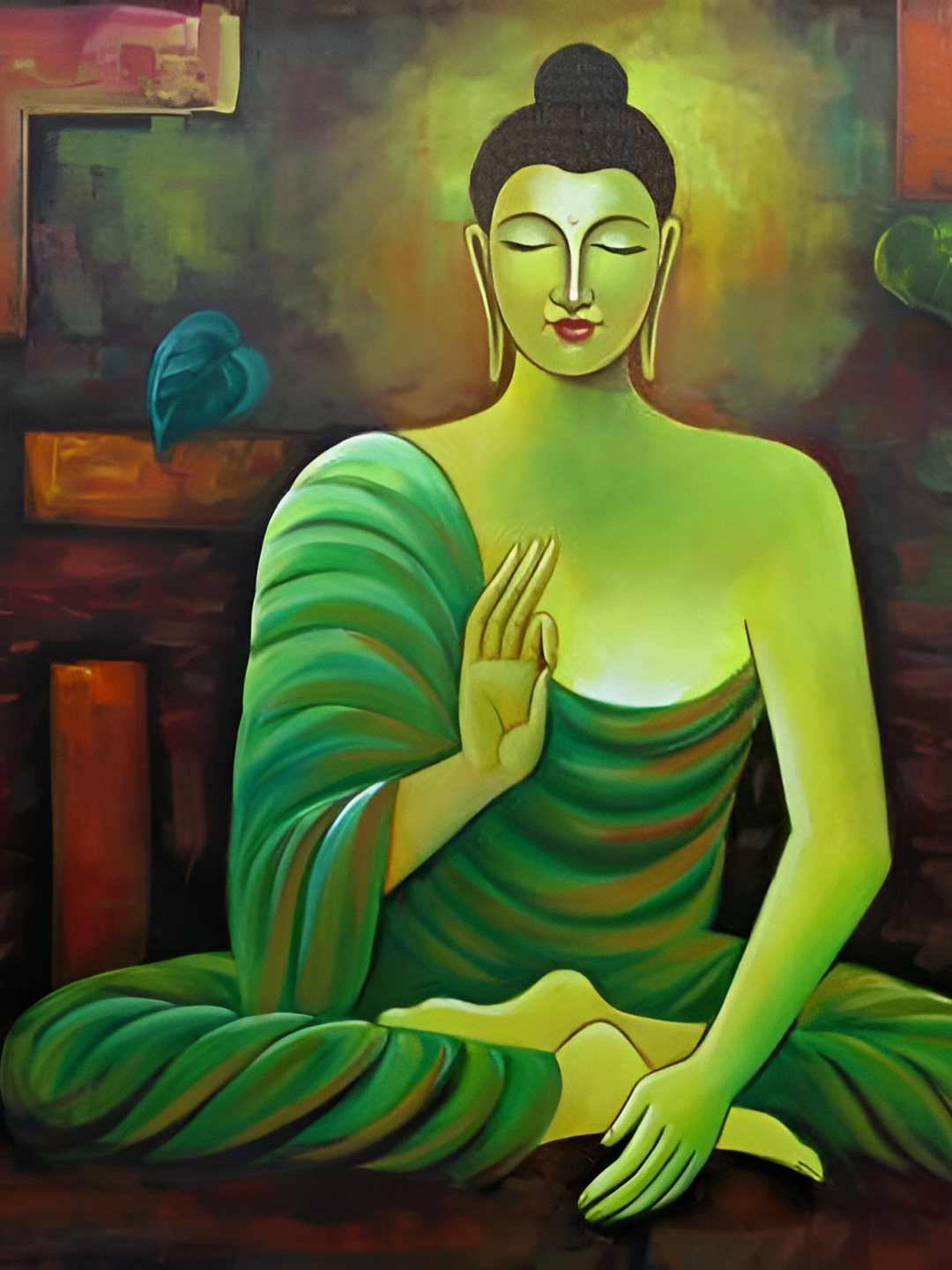 Wallpics Green & Brown Buddha Printed Religious Wall Poster