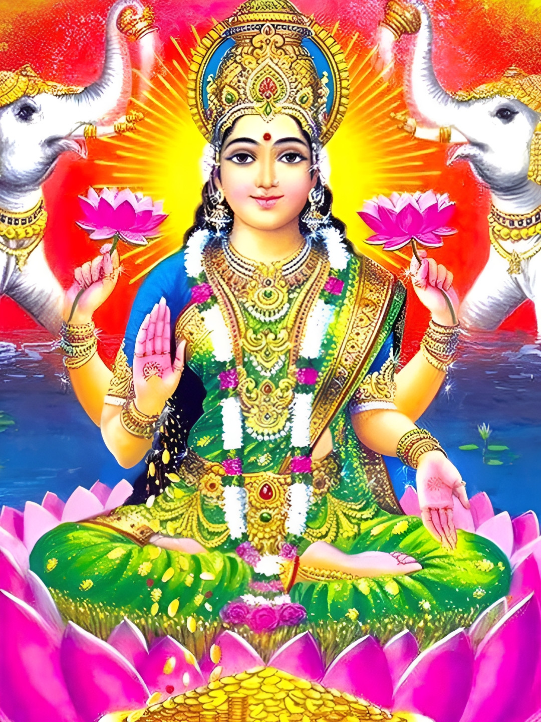 Wallpics Green & Purple Lord Lakshmi Painting Wall Poster