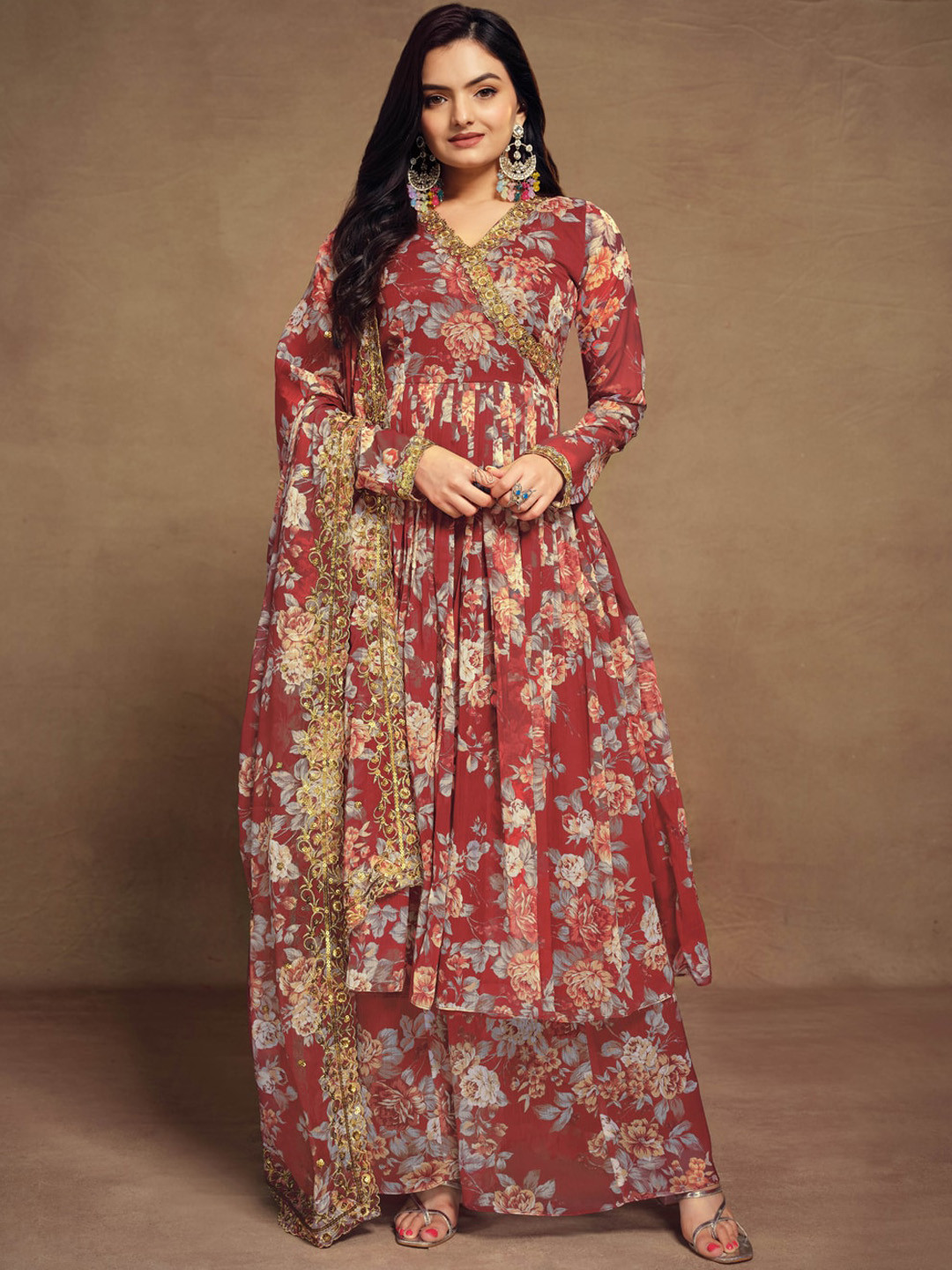 Fusionic Women Floral Printed Angrakha Kurta With Palazzos & Dupatta