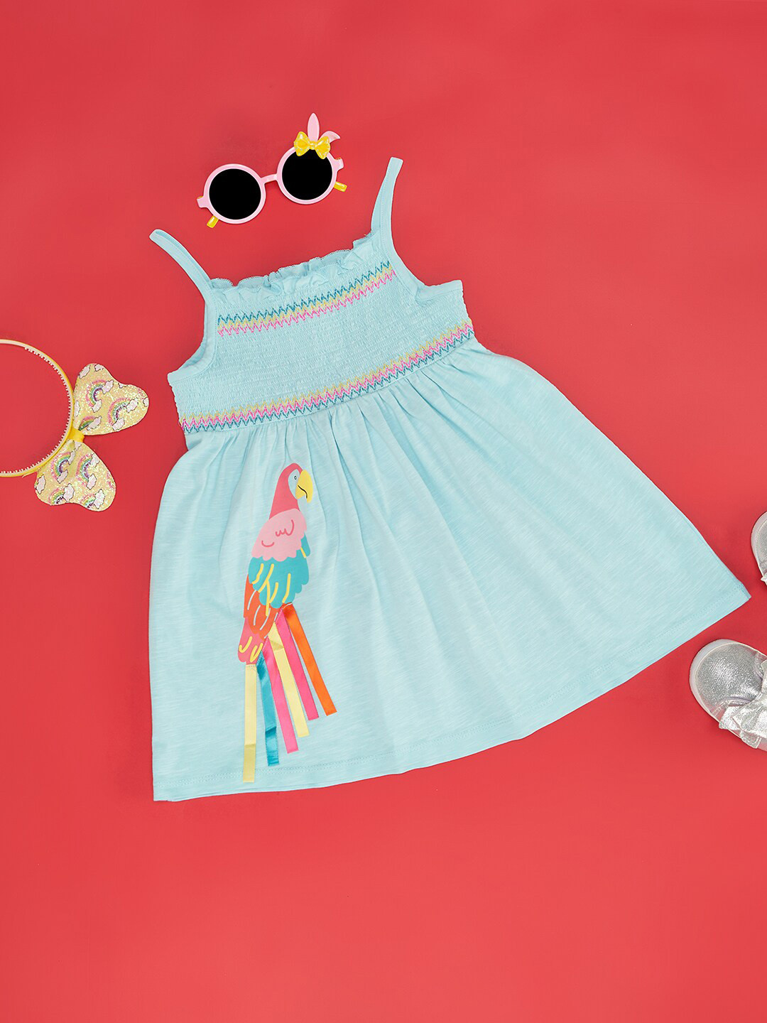 Pantaloons Baby Girls Printed Shoulder Straps Gathered Smocked Cotton Fit & Flare Dress