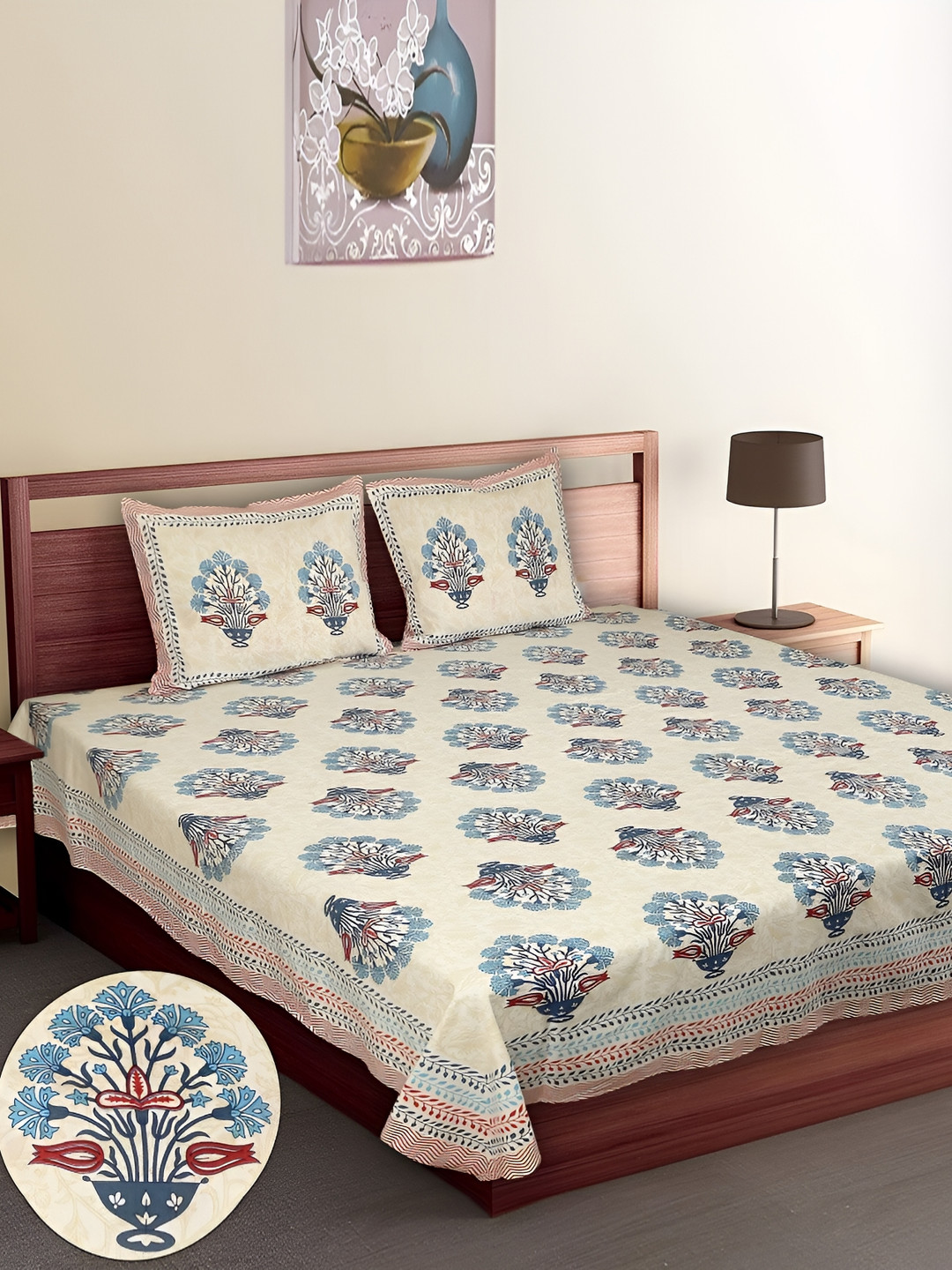 Braise Premium Blue Floral Cotton 210 TC King Fine Bedsheet with 2 Pillow Covers-108 x 108 inches