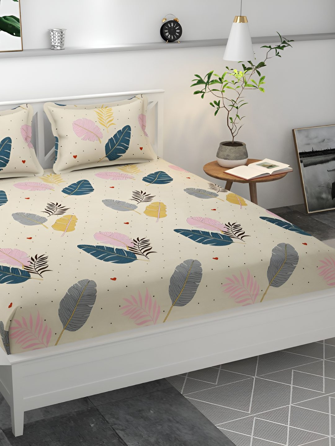 Bajo's Beige Leaf Cotton 250 TC Fitted Queen Fine Bedsheet with 2 Pillow Covers-90 x 94 inches
