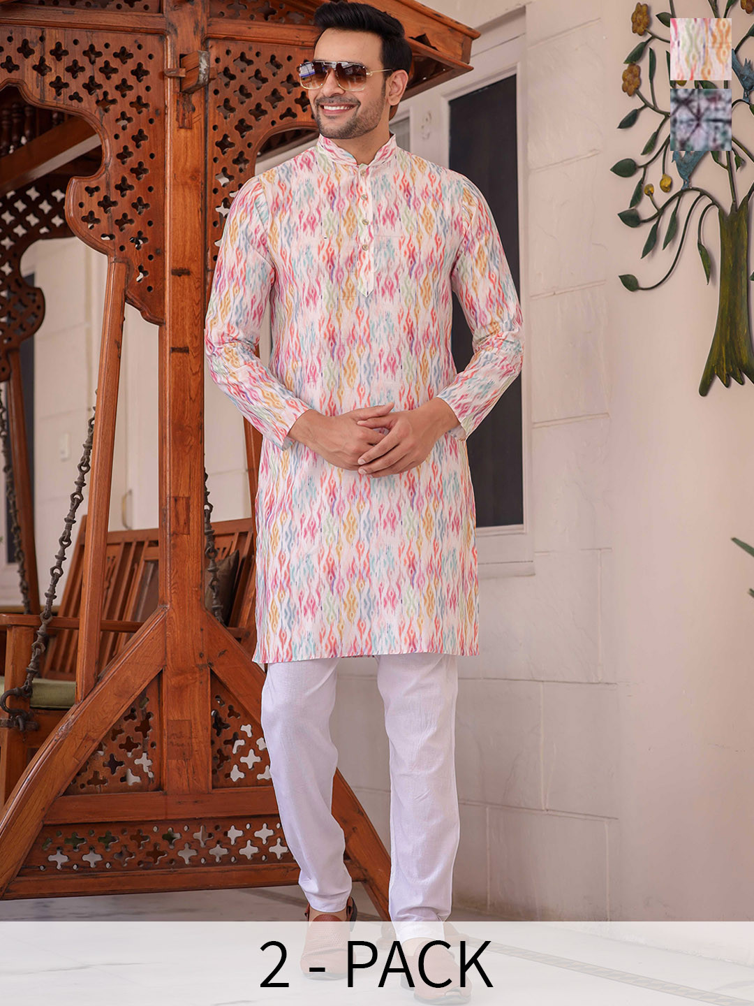 Aanys Culture Pack Of 2 Printed Mandarin Collar Straight Regular Fit Kurta
