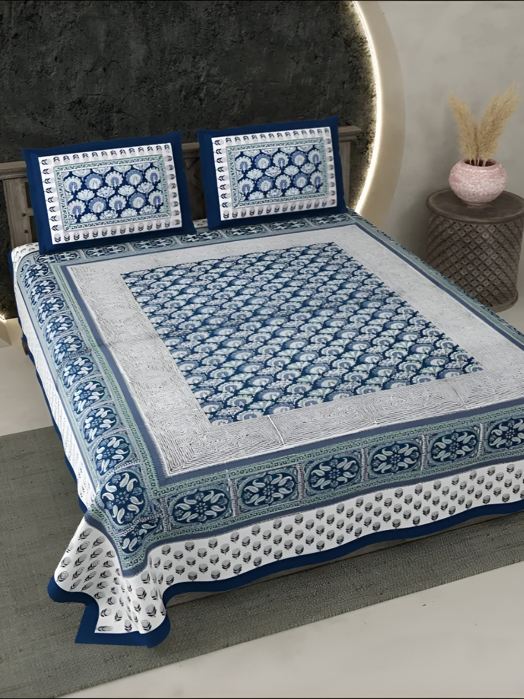 LIVING ROOTS Super King Size Jaipur Block Print Cotton Double Bedsheet & 2 Pillow Covers