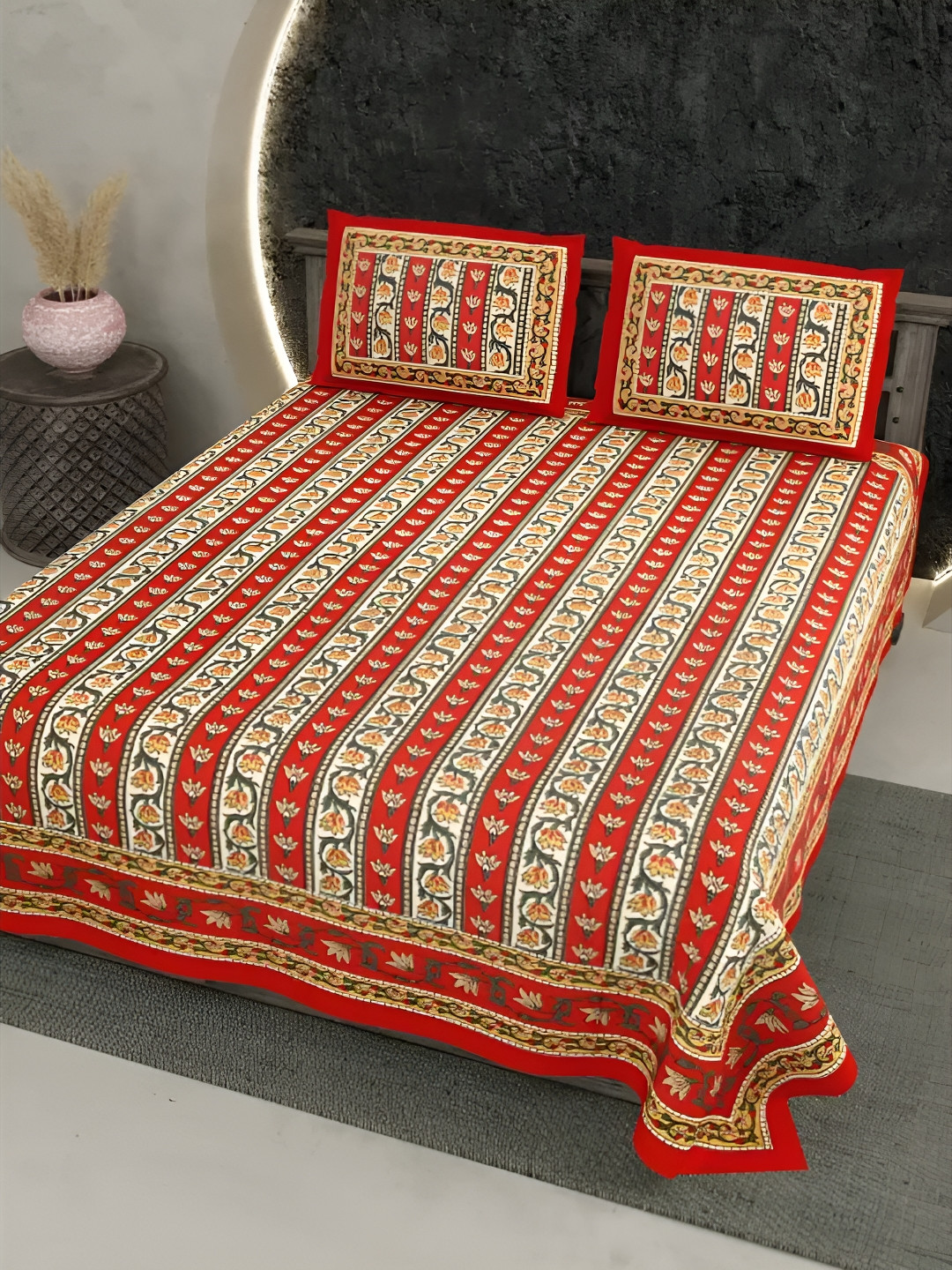 LIVING ROOTS Red Floral Pure Cotton Breathable 300 TC King Fine Bedsheet with 2 Pillow Covers-262.128 x 262.128 cm