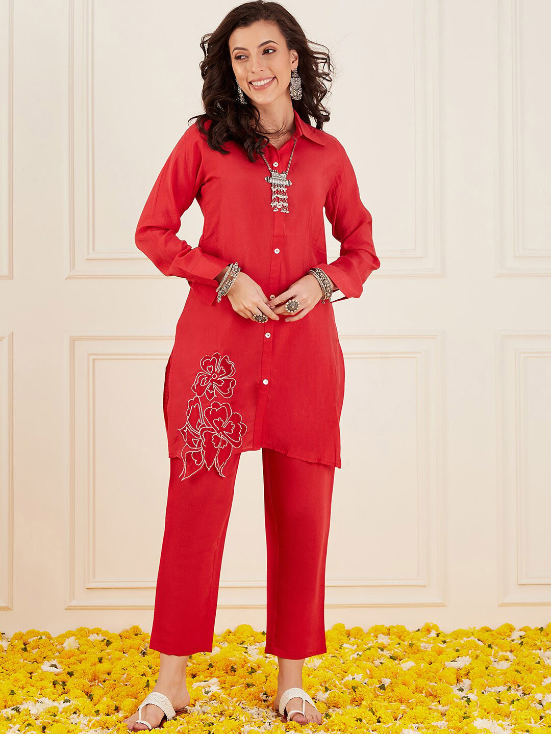 Anouk Red Embroidered Shirt Collar Top & Trousers