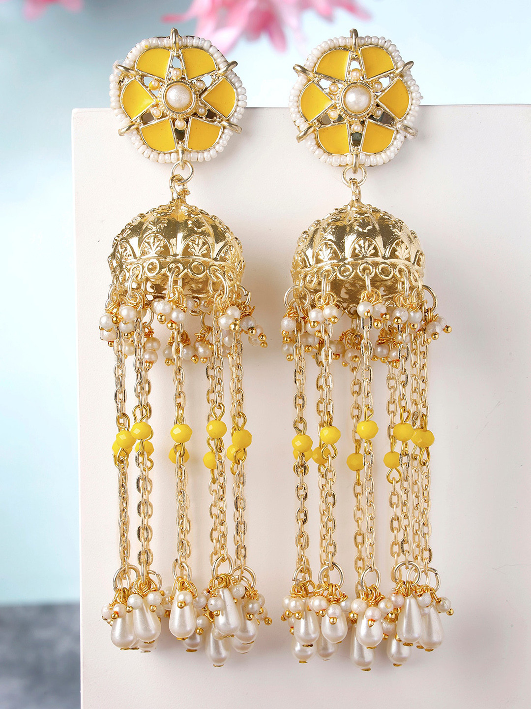 KARATCART Yellow Gold Plated Contemporary Jhumkas Kundan Jhumki Earrings