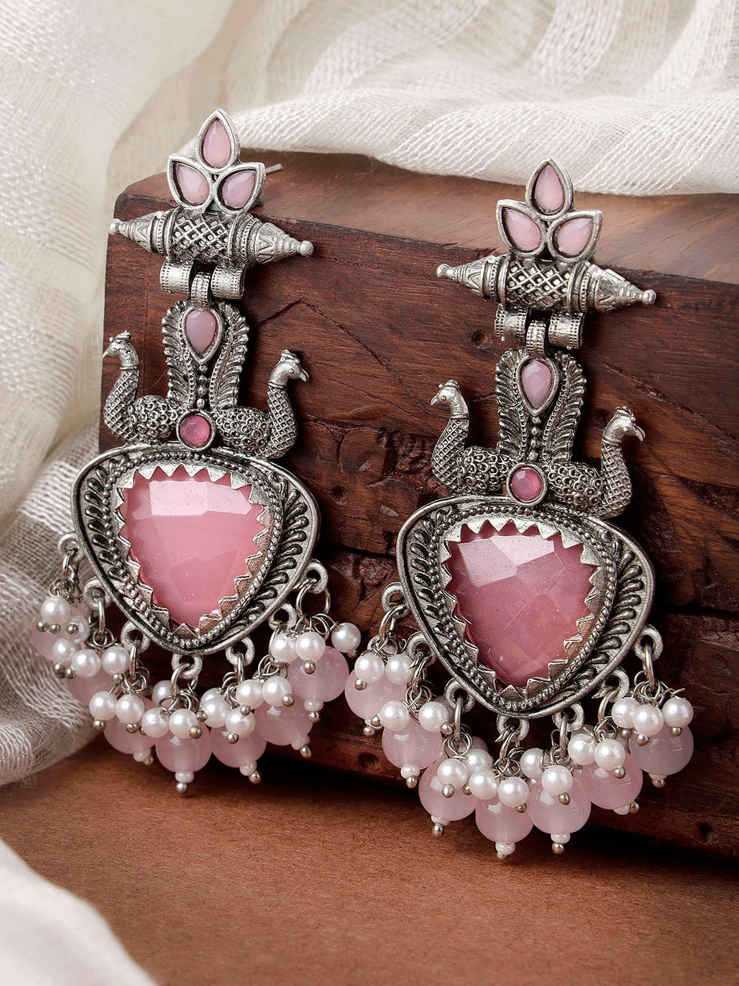KARATCART Pink Silver Plated Contemporary Drop Stone Earrings