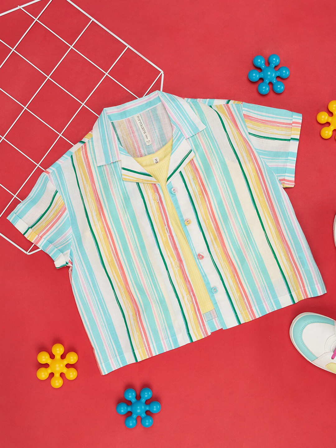 Pantaloons Junior Girls Slim Fit Vertical Striped Cuban Collar Casual Shirt With Tank Top