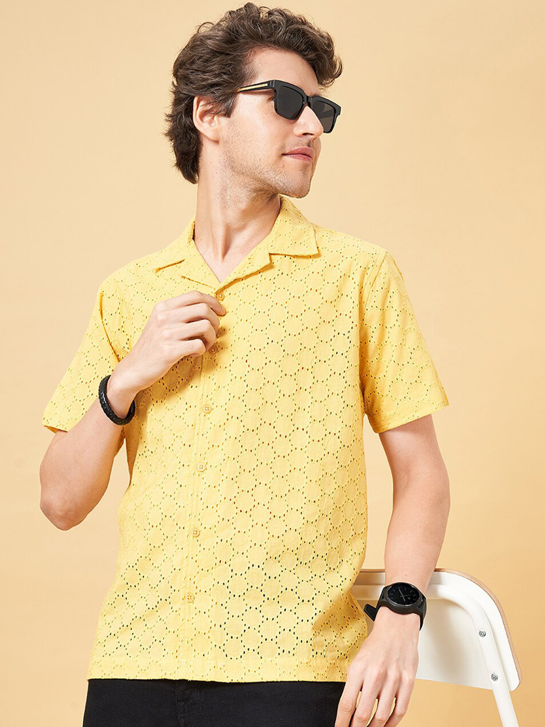 YU by Pantaloons Self Design Lapel Collar Short Sleeves Regular Fit Casual Shirt