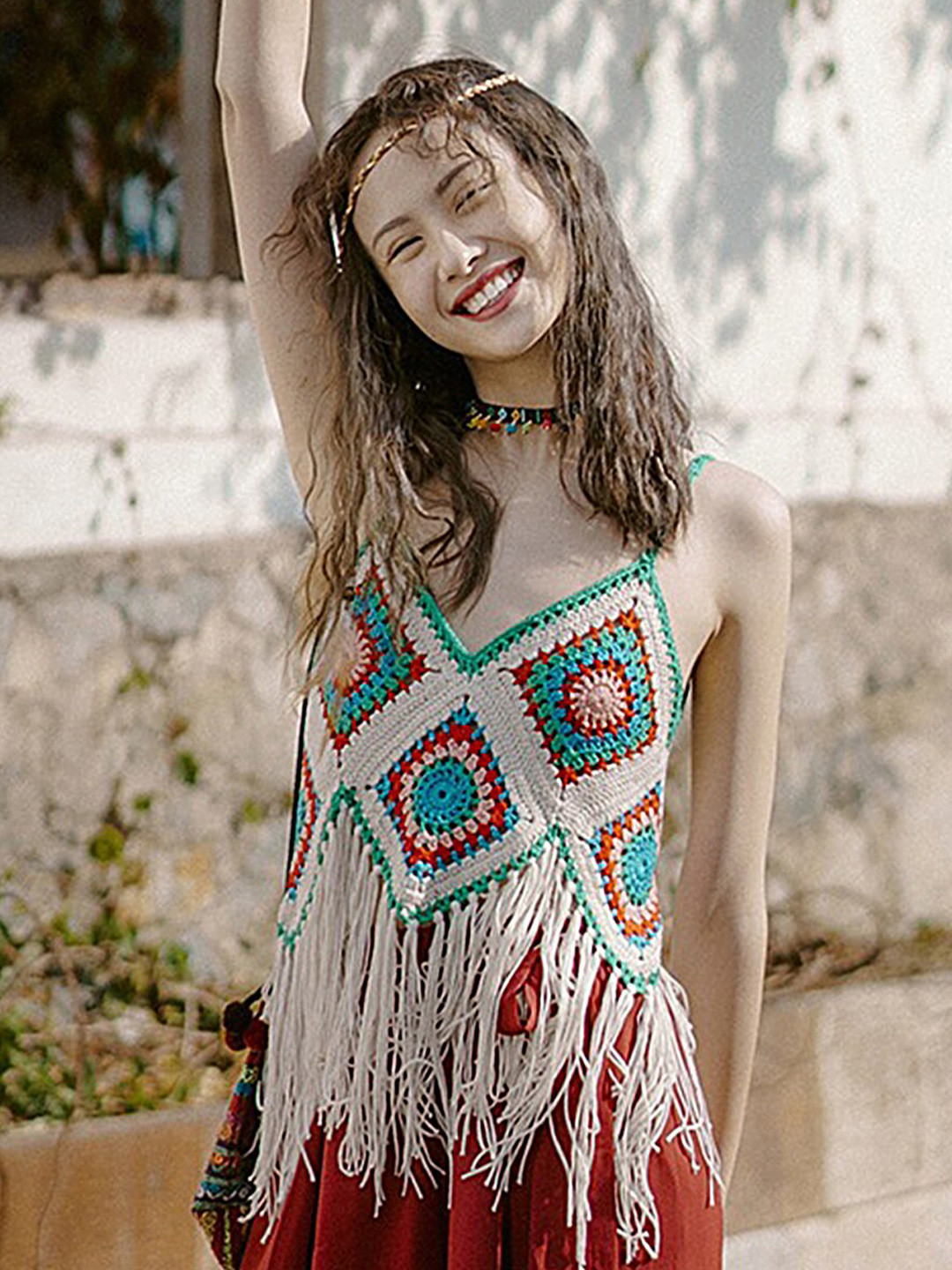 LULU & SKY Geometric Crochet V-Neck Top