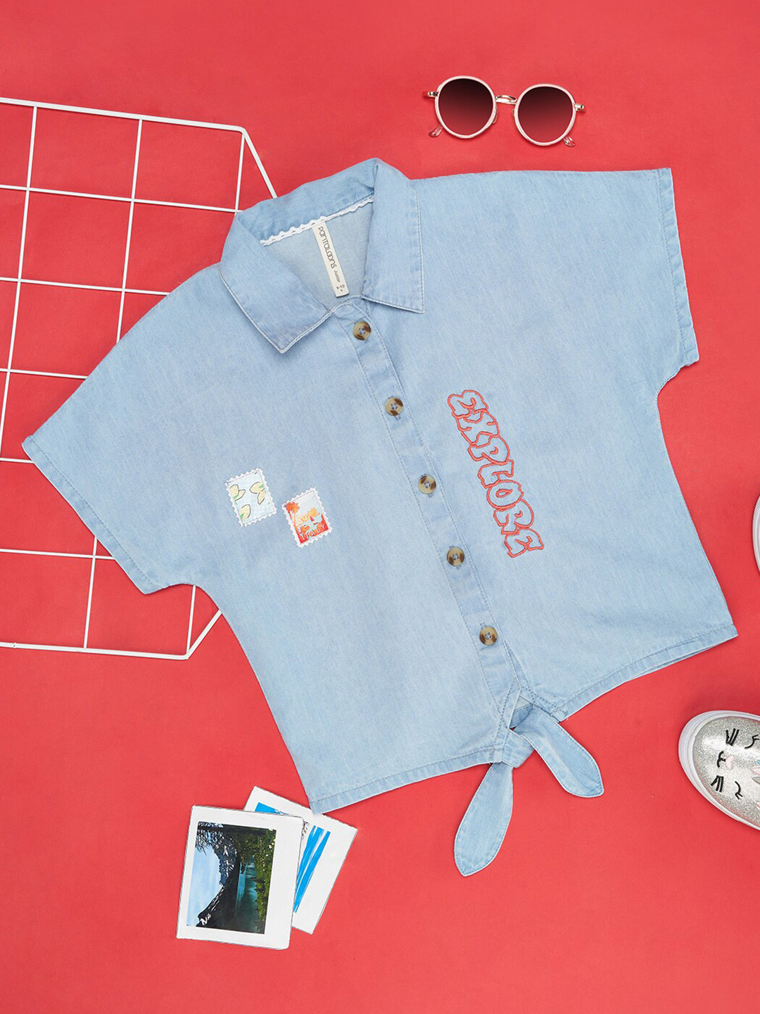 Pantaloons Junior Girls Typography Print Shirt Collar Cotton Crop Top
