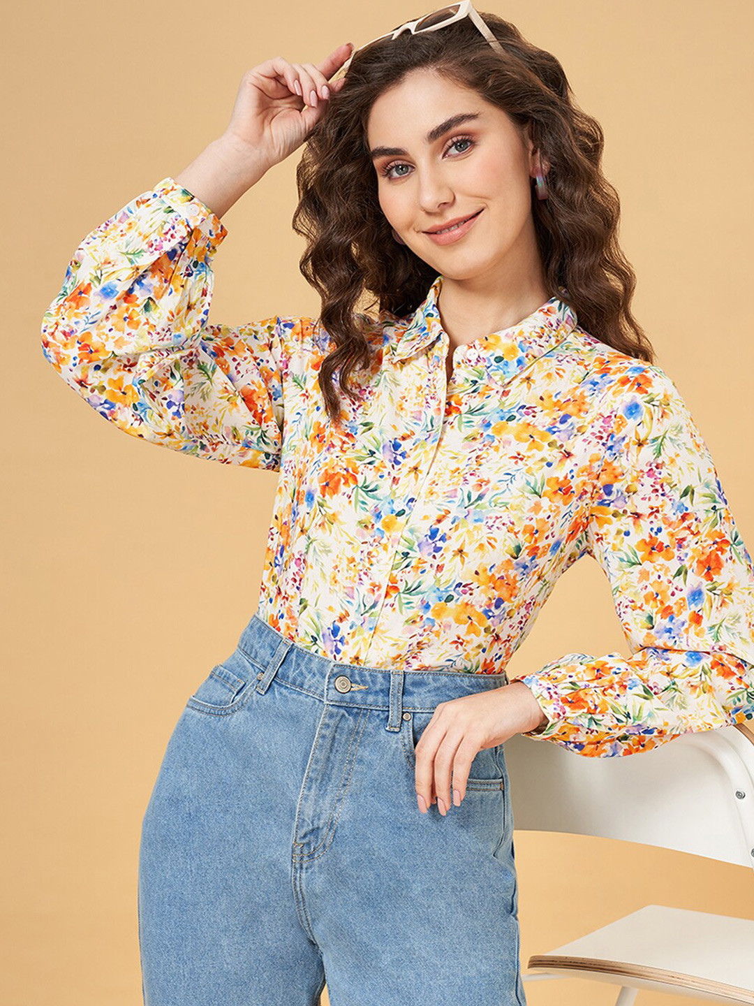 YU by Pantaloons Floral Printed Cuff Sleeve Shirt Style Top