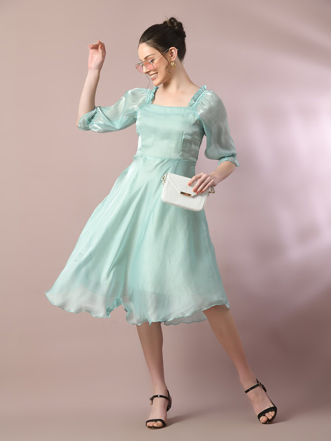Myshka Square Neck Puff Sleeve Fit & Flare Midi Dress