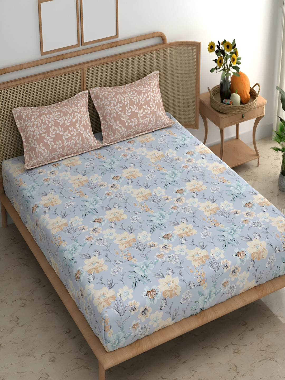 Srijee Decors Indigo Iris Blue Floral Polycotton 210 TC King Fine Bedsheet with 2 Pillow Covers-274.32 x 274.32 cm