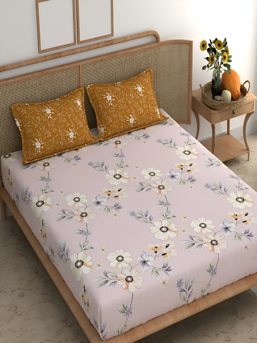 Srijee Decors Daisy Delight Pink Floral Polycotton 210 TC Super King Fine Bedsheet with 2 Pillow Covers-274.32 x 274.32 cm