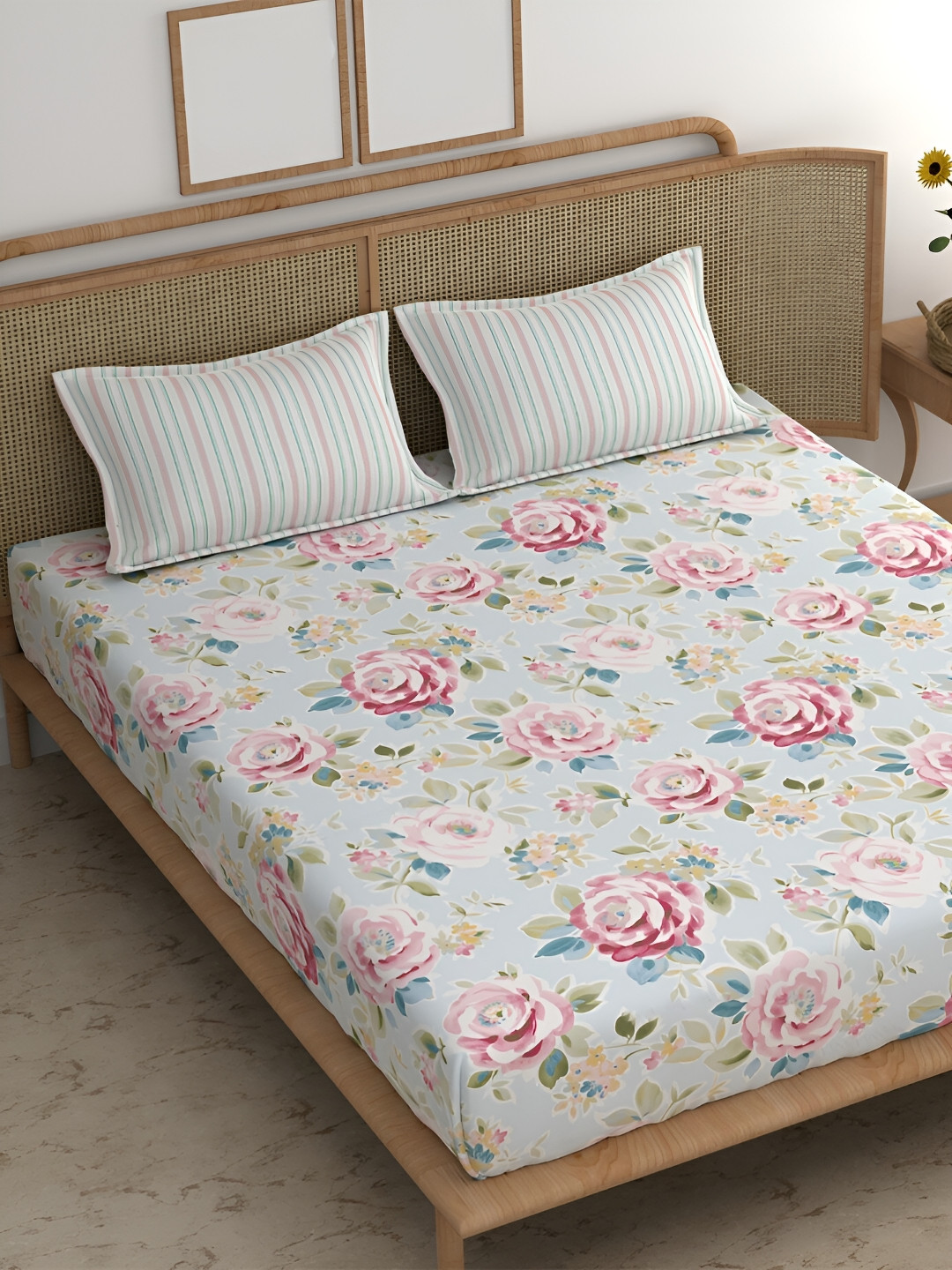 Srijee Decors Camellia Blue Floral Polycotton 210 TC King Fine Bedsheet with 2 Pillow Covers-274.32 x 274.32 cm