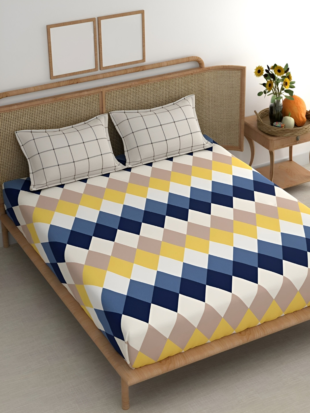 Srijee Decors Triangle Fusion Blue Geometric Cotton 210 TC King Fine Bedsheet with 2 Pillow Covers-108 x 108 inches