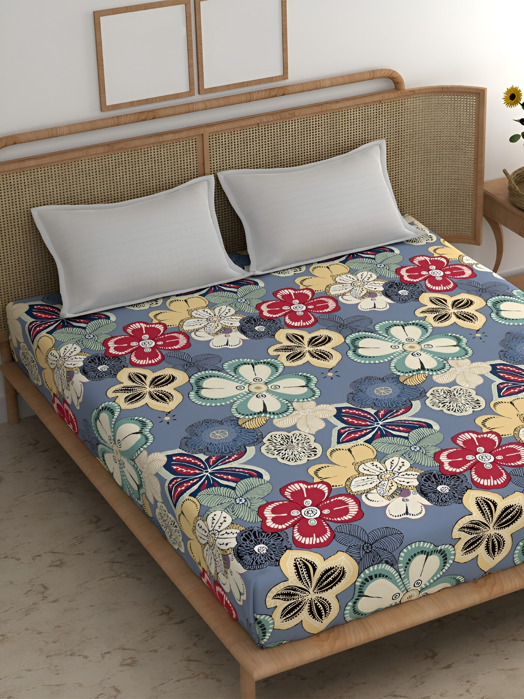 Srijee Decors Corpse Blue Floral Polycotton 210 TC Super King Fine Bedsheet with 2 Pillow Covers-108 x 108 inches