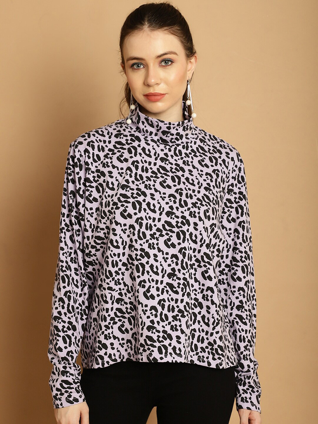 NoBarr High Neck Long Sleeves Animal Print Top