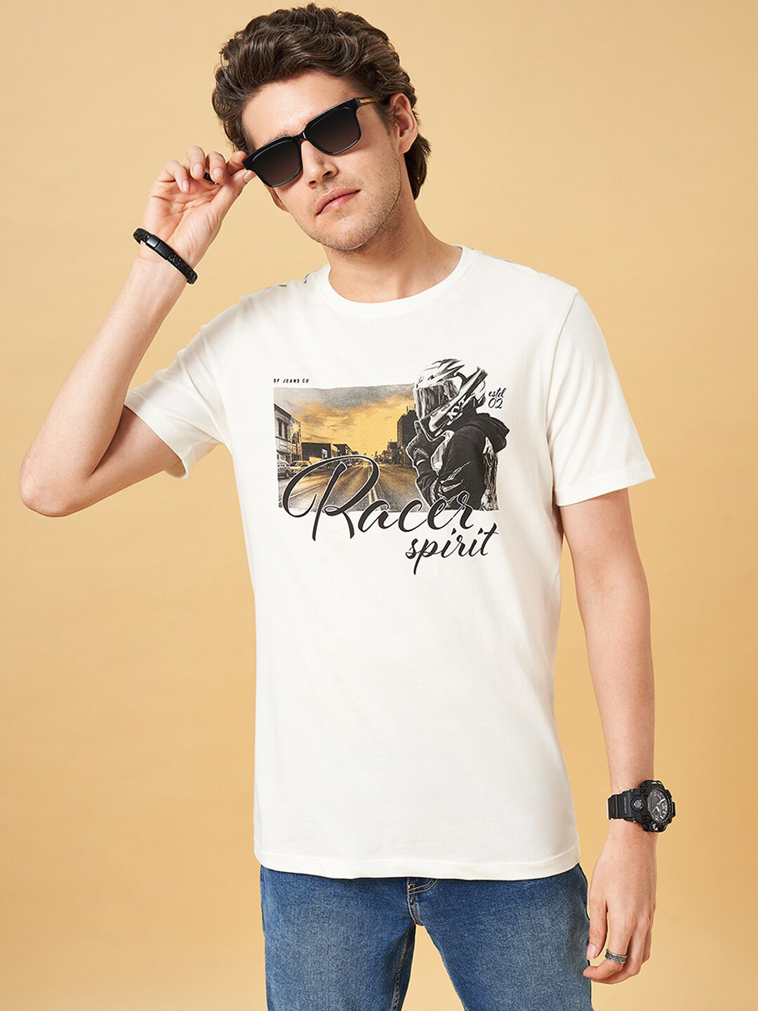 SF JEANS by Pantaloons Graphic Printed Round Neck Slim Fit Cotton T-shirt