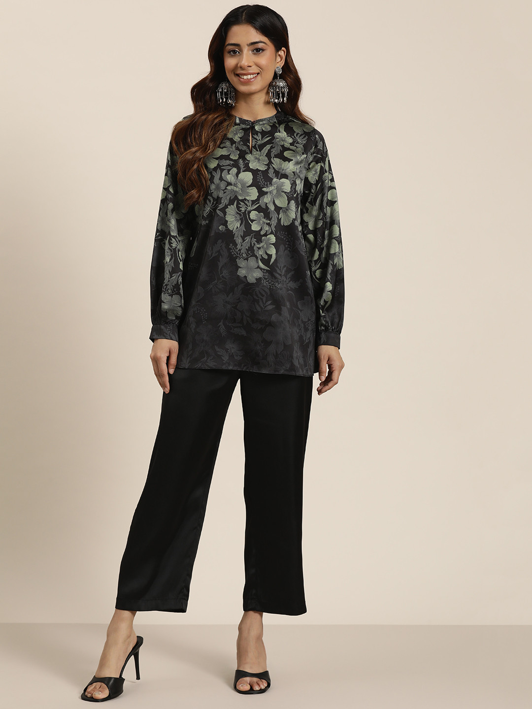 HERE&NOW Floral Printed Satin Kurti with Trousers