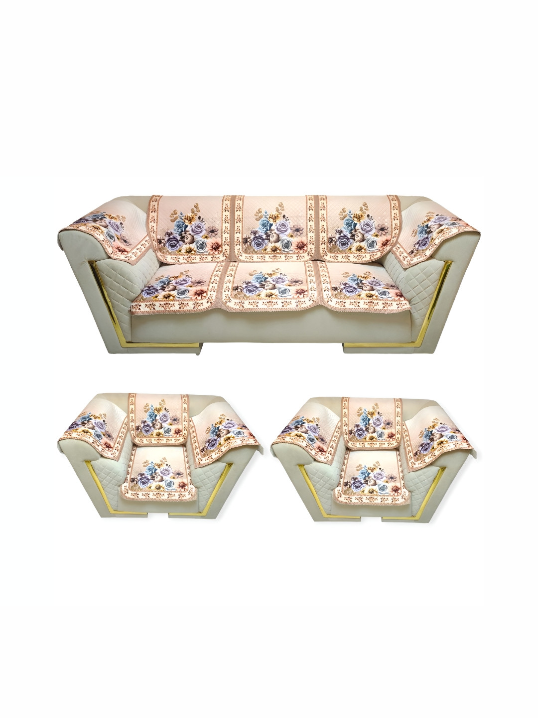 TANLOOMS Off White & Pink 12 Pieces Printed 5 Seater Velvet Sofa Covers With Arms