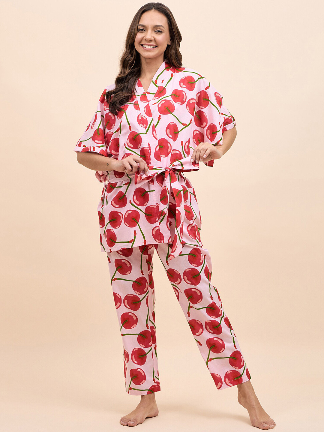 MABISH by Sonal Jain Conversational Printed Pure Cotton Top With Pyjamas & Robe