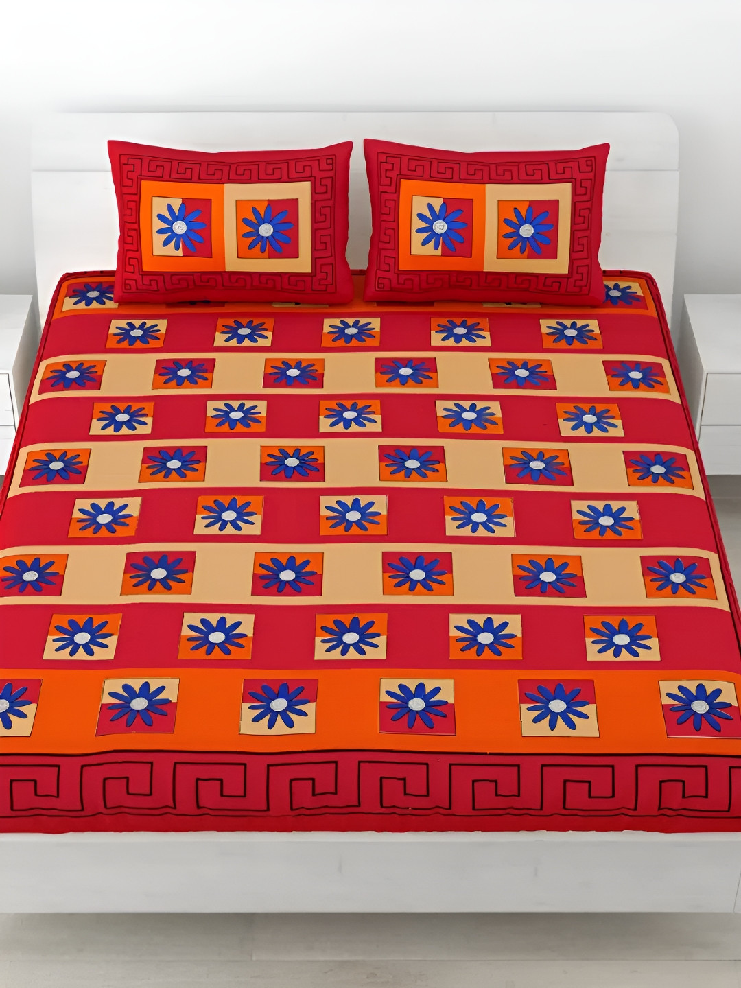 LIVING ROOTS Queen Size Jaipur Block Print Cotton Bedsheet With 2 Pillow Covers