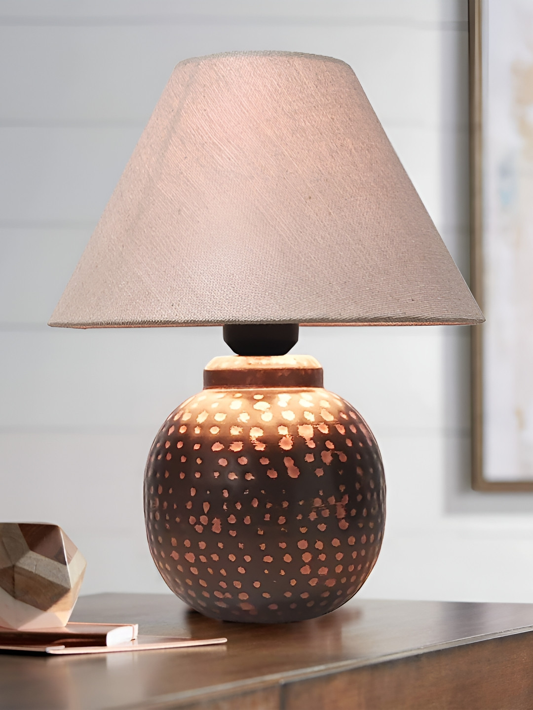 Homesake Rustic Brown & Beige Textured Bronze Frustum Shaped Table Lamp