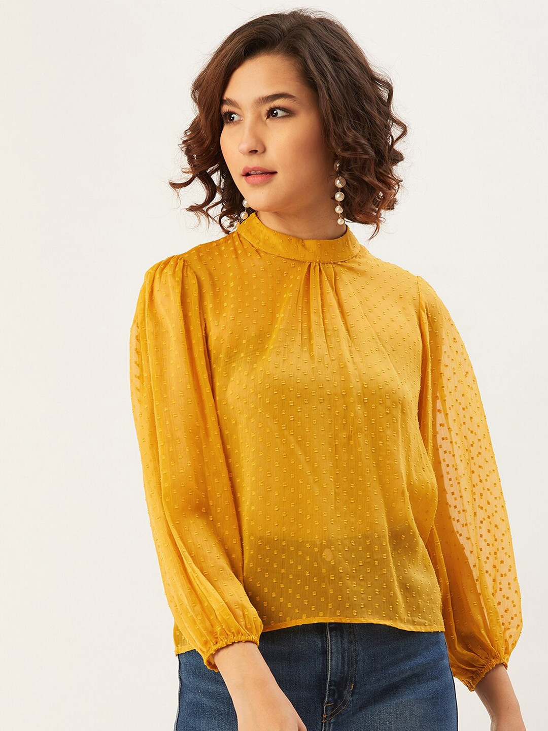 ANVI Be Yourself Yellow Self Design High Neck Cuffed Sleeves Knitted Top