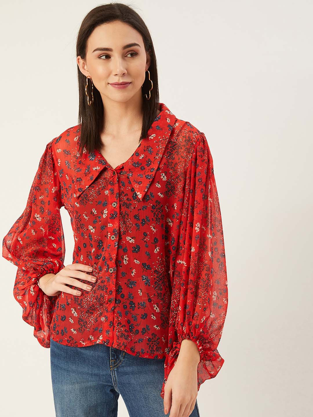 ANVI Be Yourself Red Floral Printed Tie-Up Neck Puff Sleeve Crop Top
