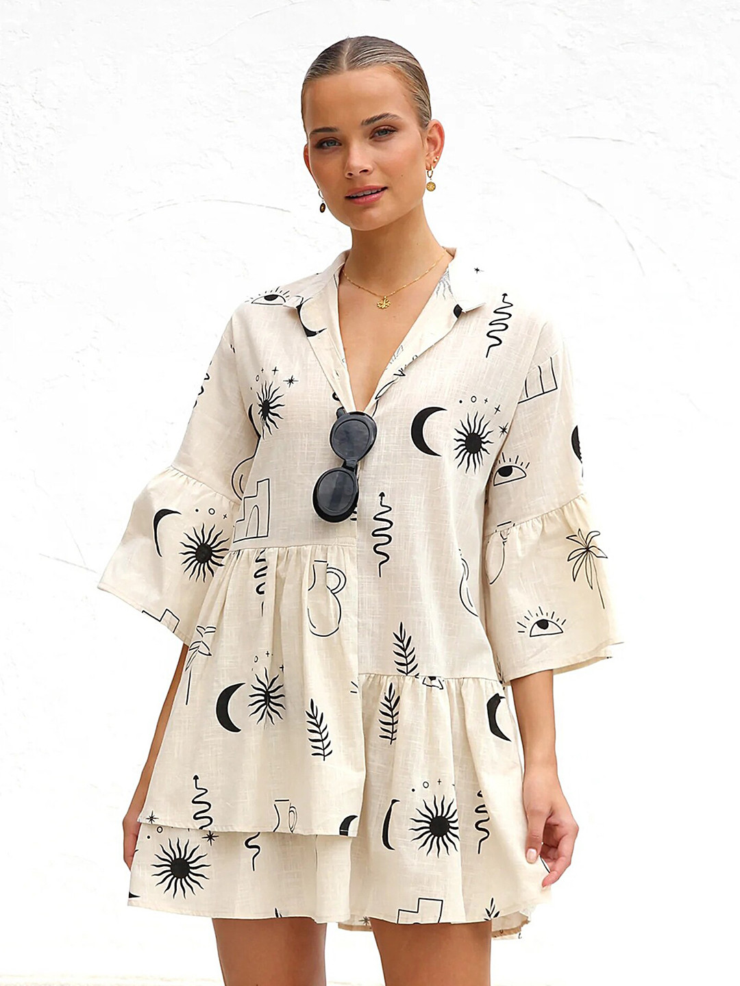 LULU & SKY Beige Graphic Print Bell Sleeve A-Line Dress