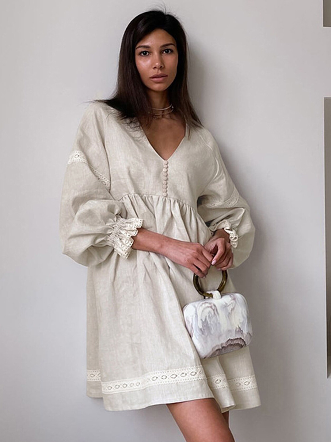 LULU & SKY V-Neck A-Line Cotton Linen Dress