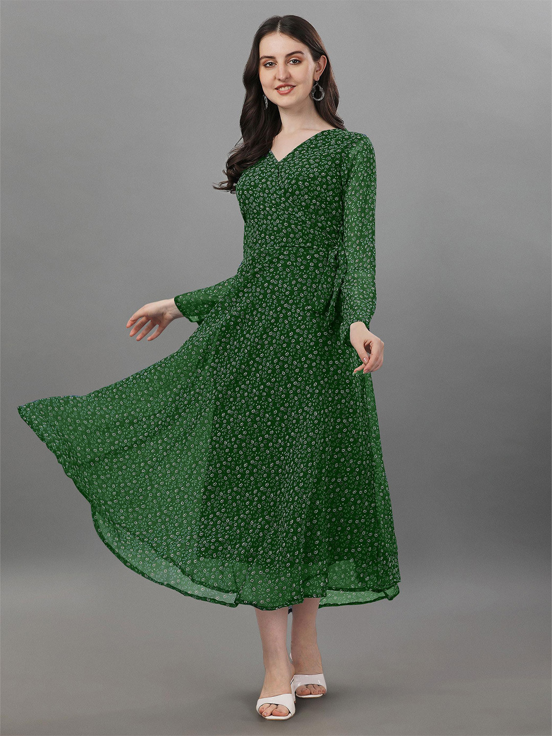Fashion2wear Floral Dot Print V-Neck Long Sleeves Georgette Fit & Flare Midi Dress