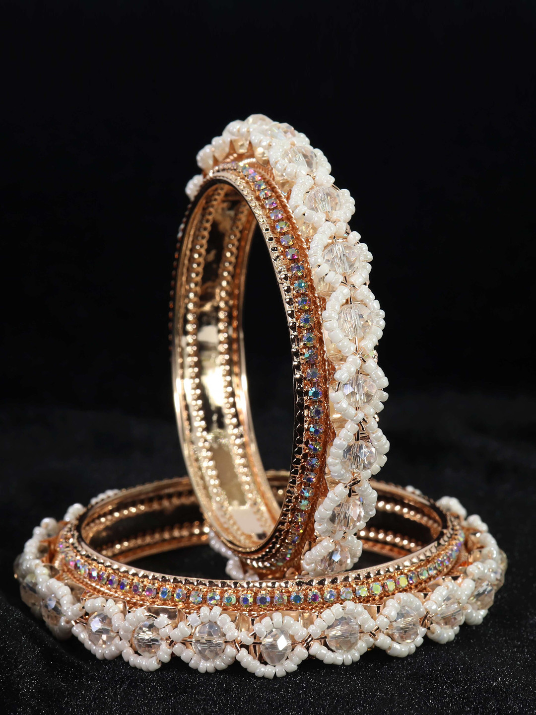 NMII Set Of 2 AD Stone Studded & Beaded Kada Bangles