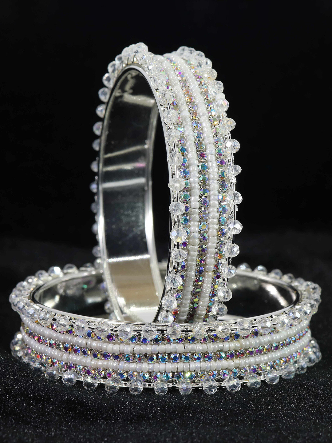 NMII Set Of 2 CZ Stone Studded & Beaded Kada Bangles