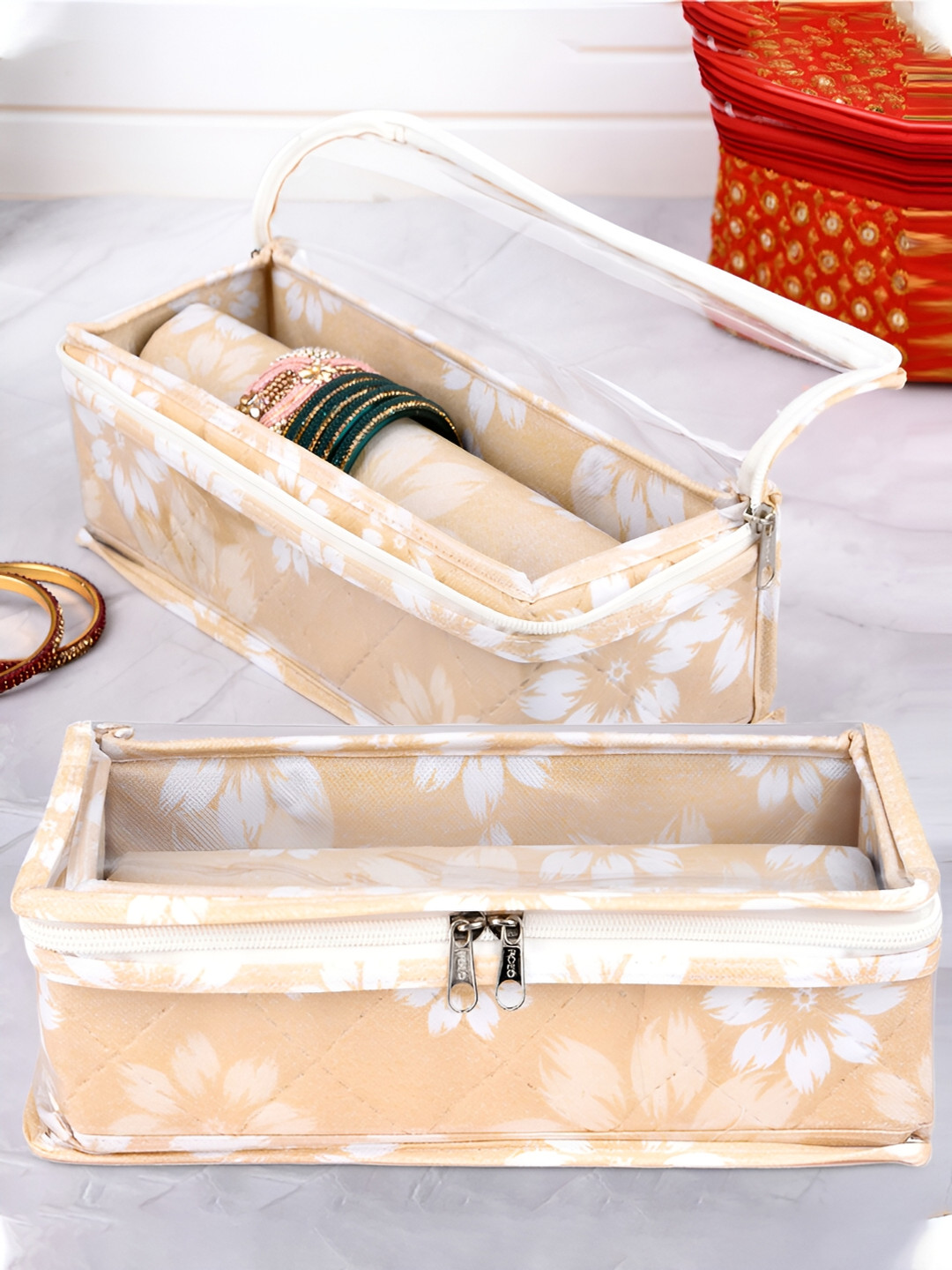 Kuber Industries Gold-Toned & White 2 Pcs Printed Bangle Box Organisers