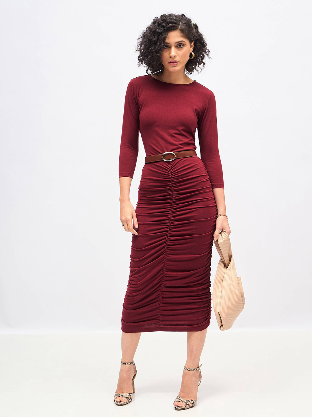 SASSAFRAS Maroon Ruched Bodycon Midi Dress