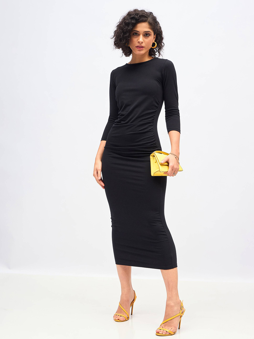 SASSAFRAS Black Waist Ruched Bodycon Midi Dress
