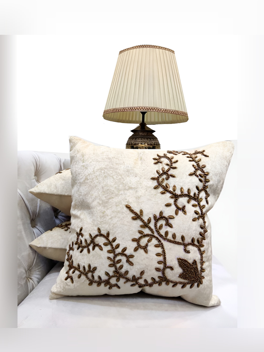Good Vibes Cream Embellished Velvet Washable 3 Pcs Square Cushion Covers - 16 x 16 In