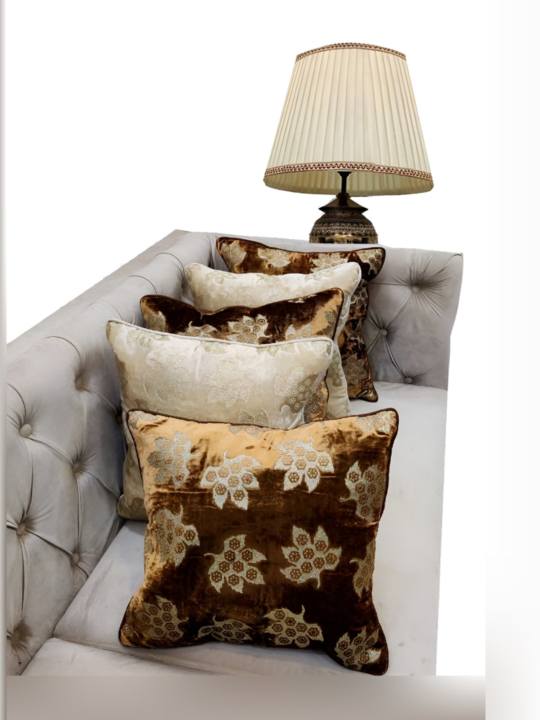 Good Vibes Brown Leaf Polyester Silk Durable 5 Pcs Embellished Cushion Covers -24x24In