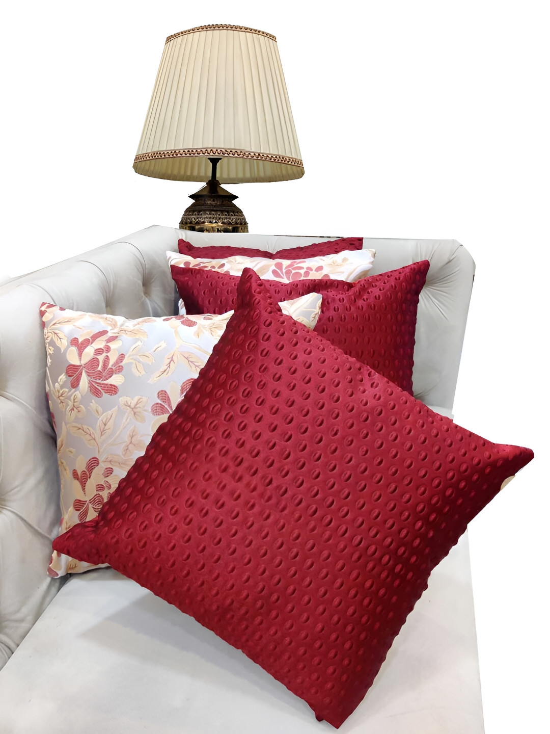 Good Vibes Maroon Floral Jacquard Washable 5 Piece Square Cushion Covers - 12 x 12 Inches