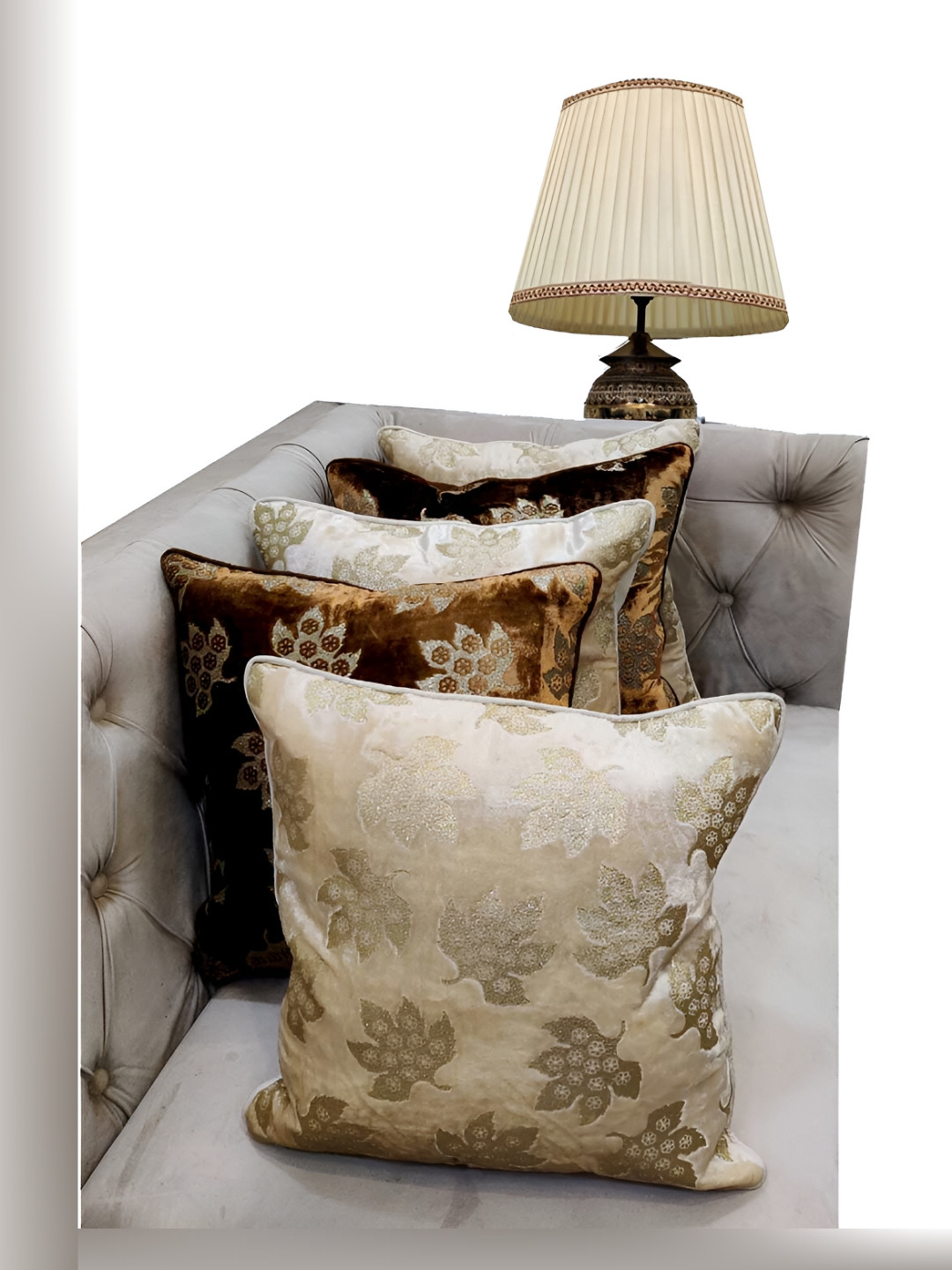 Good Vibes Brown Leaf Velvet Durable 5 Pcs Embellished Cushion Covers - 11.8 x 11.8 Inches