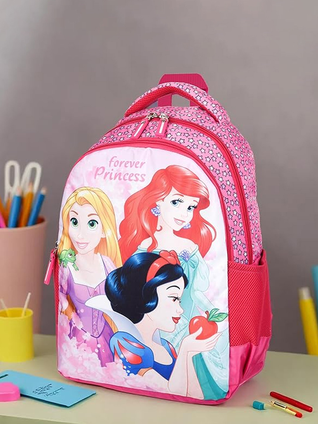 Kuber Industries Kids Disney Princess Forever Printed 3 Compartments School Bag girls