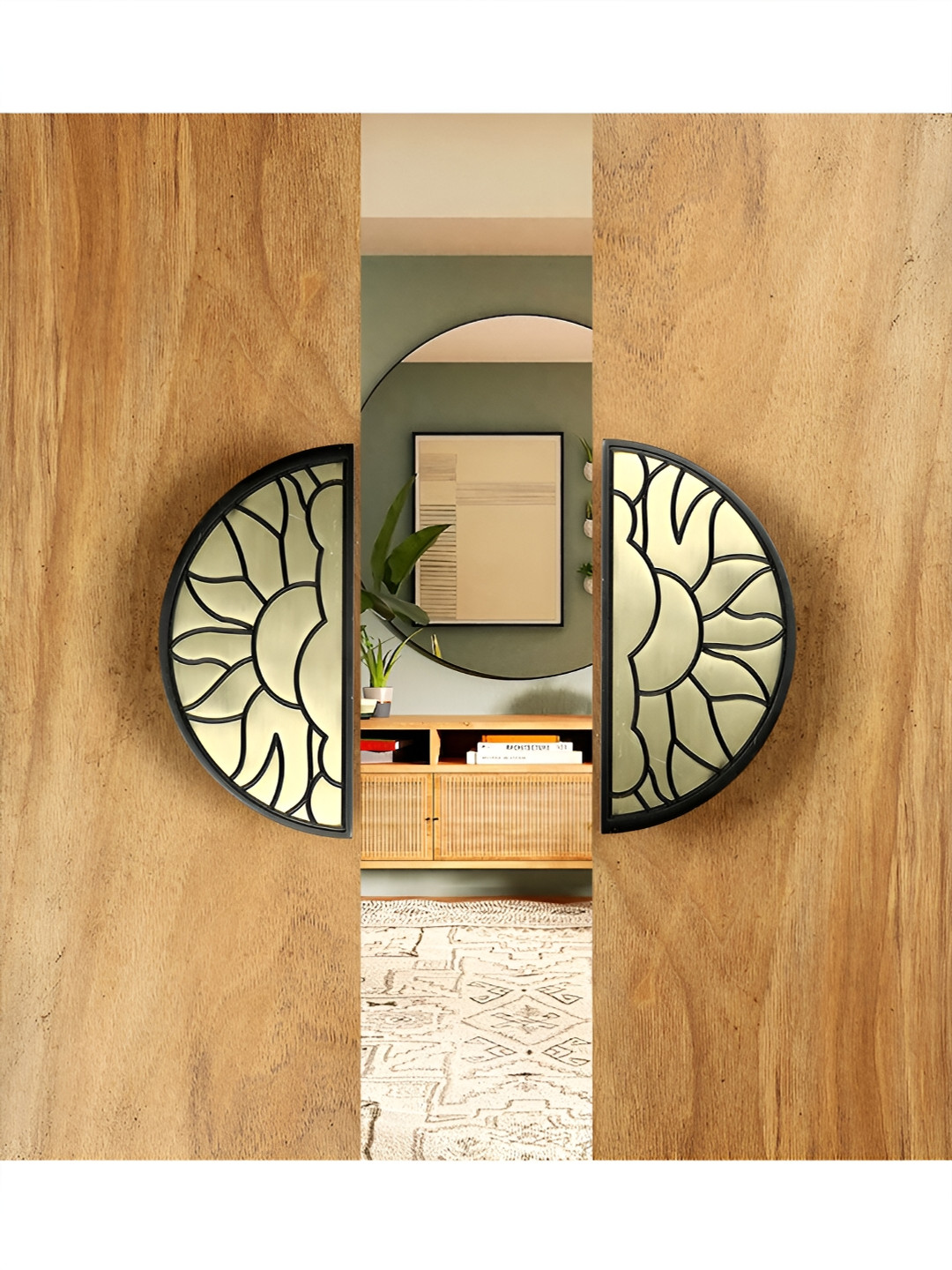 Two Moustaches 2-Pcs Brown & Beige  Sun Rising in Clouds  Designed Brass Door Handle