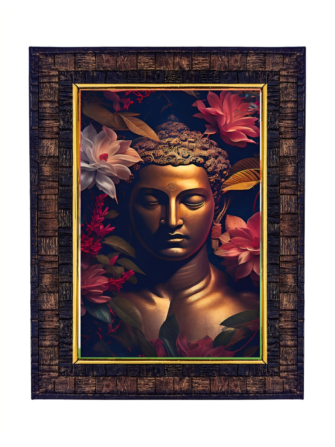 Hawai Black & Brown Gautama Buddha Printed With Wooden Wall Photo Frame