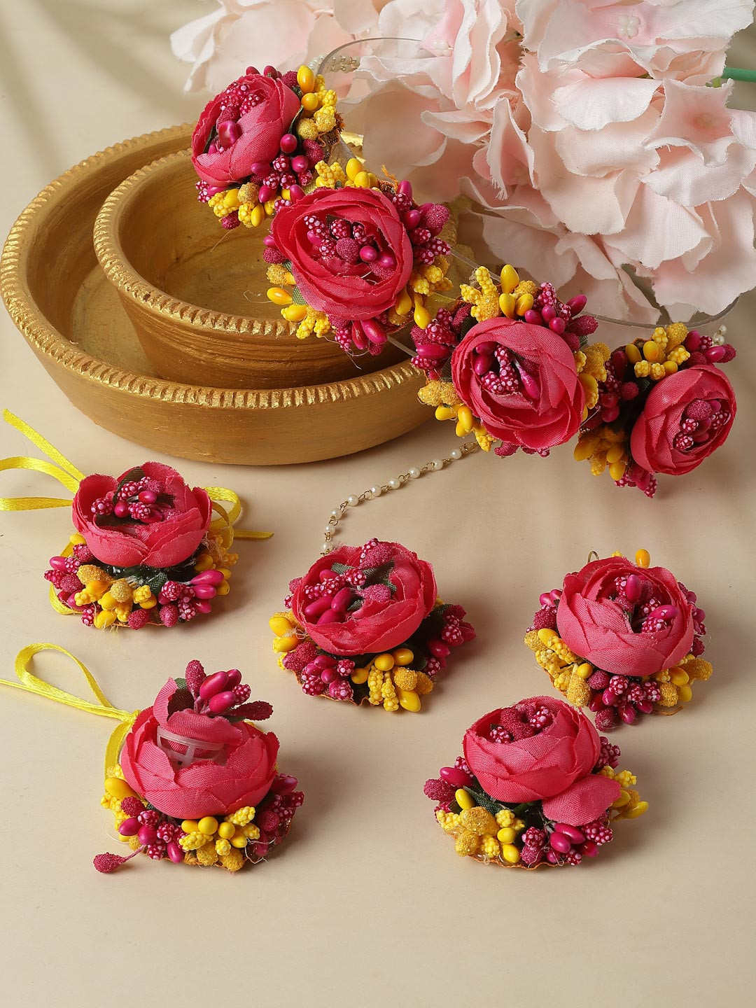 ZENEME Gold Plated Pink & Yellow Floral Gota Patti Beaded Haldi & Mehendi Jewellery Set