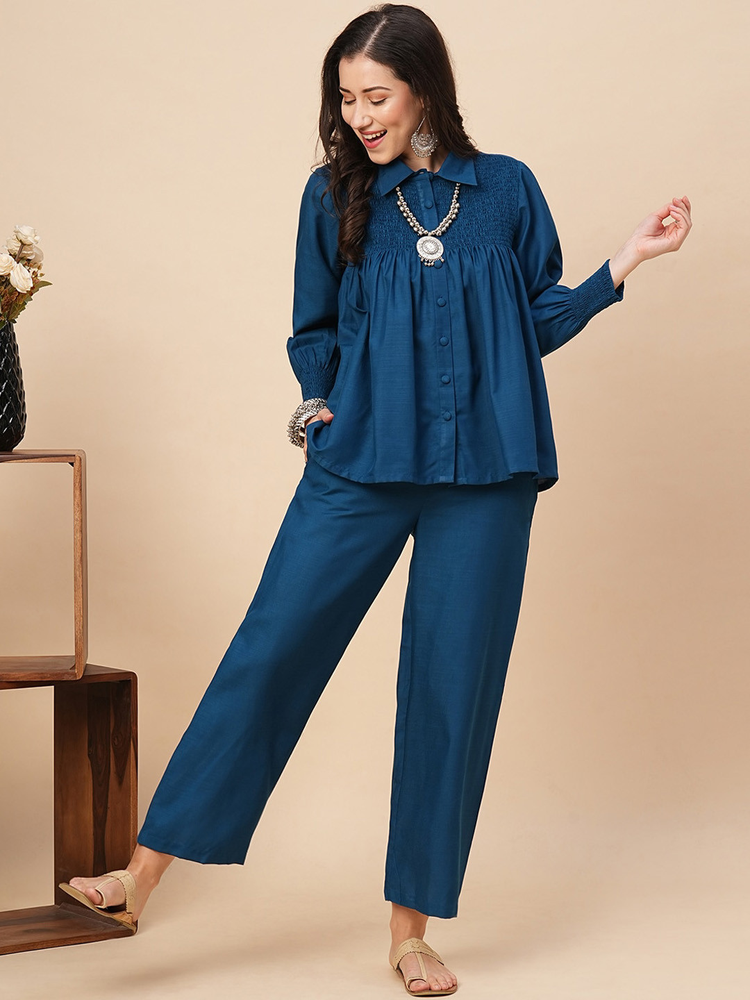Globus Women Teal Smocked Yoke A-Line Shirt & Trousers Fusion Co-Ords