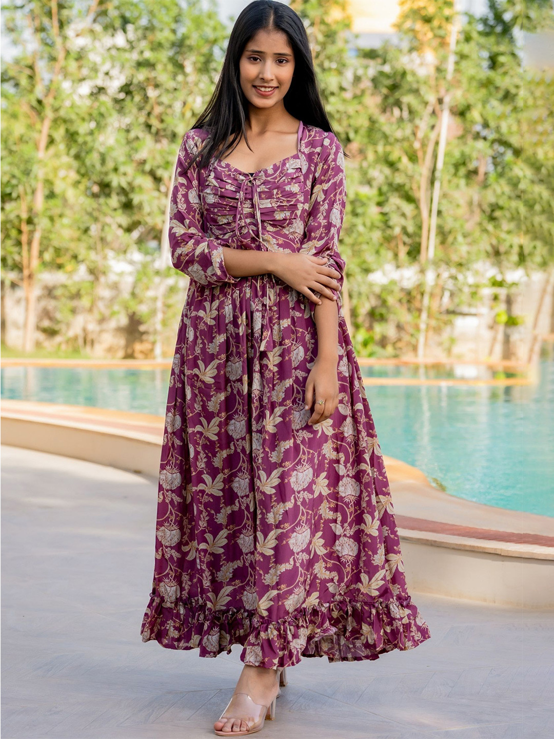 HOUSE OF JAMOTI Floral Printed Crepe Tie-Up Neck Ruched Maxi Dress